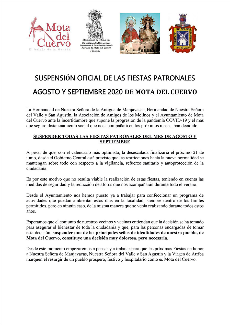 Comunicado oficial de la Suspensión de las Fiestas Comunicado oficial de la Suspensión de las Fiestas